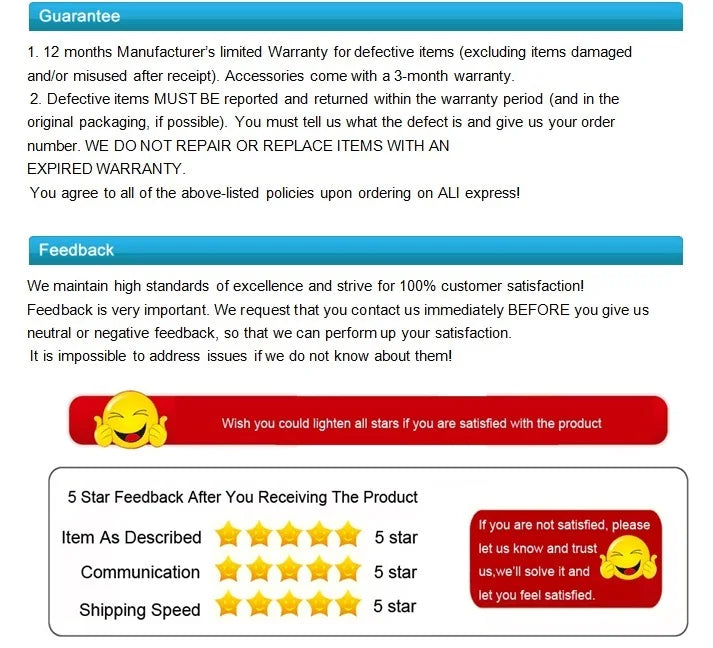 ALI express offers a 12-month limited warranty for defective items . accessories come with