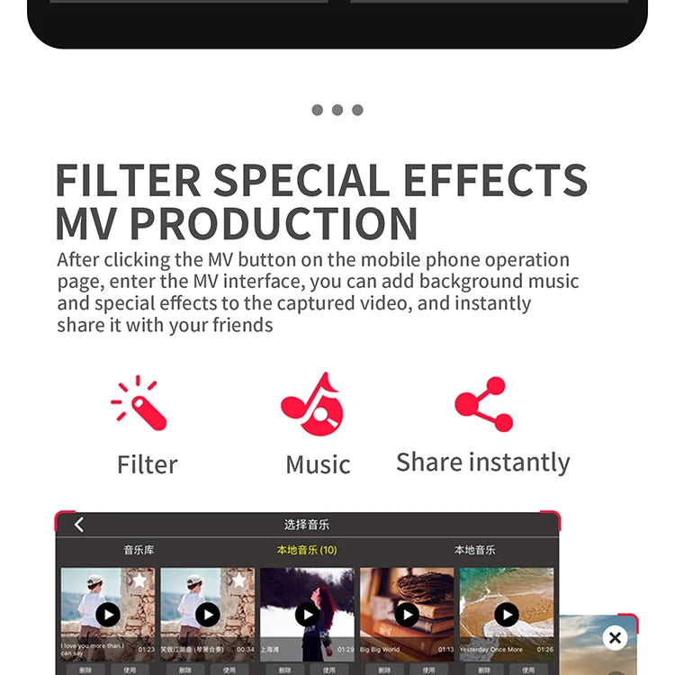G108 Pro MAx Drone, enter the MV interface, you can add background music and special effects to the captured video