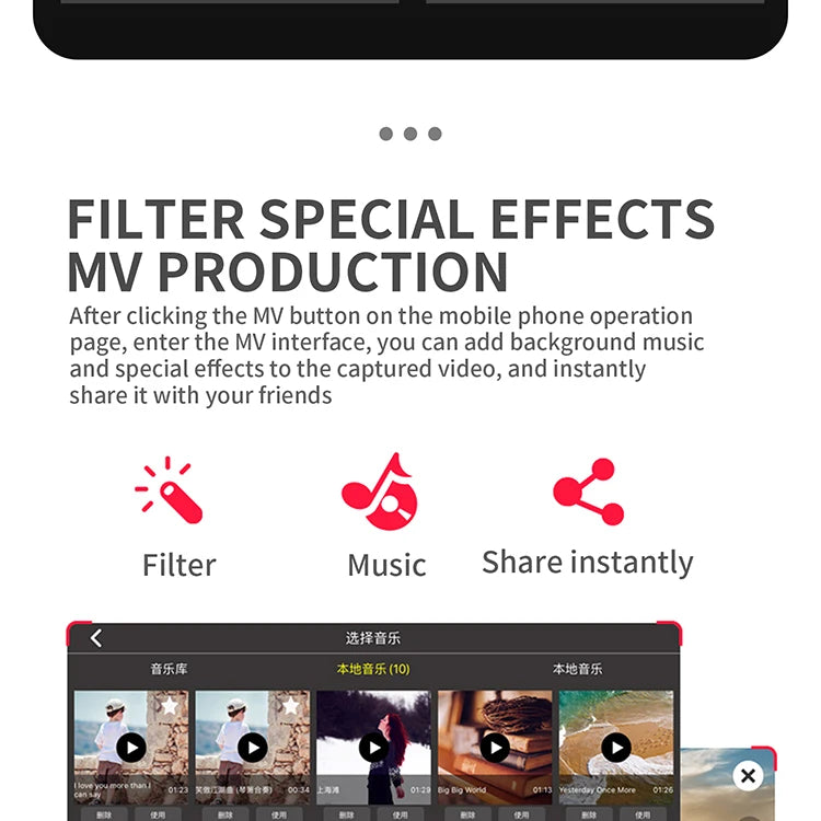 G108 Pro MAx Drone, enter the MV interface, you can add background music and special effects to the captured video 