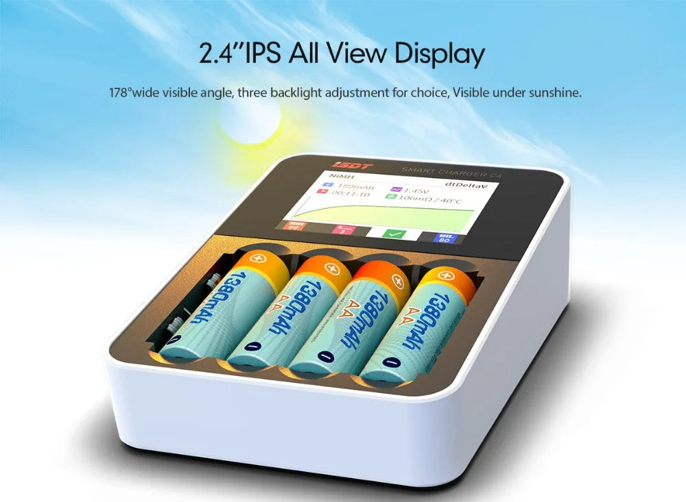 ISDT C4 EVO Smart Battery Charger, 2.4"IPS AII View Display 178"wide visible angle; three backlight adjustment