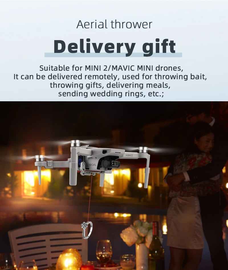 Airdrop System for DJI Mavic 3/2 Pro Zoom AIR 2 Mini 2/Mini 3 Drone Fishing Bait Wedding Ring Gift Deliver Life Rescue Thrower 53 Aerial thrower Delivery Suitable for MINI 2/MAVIC MINI drones