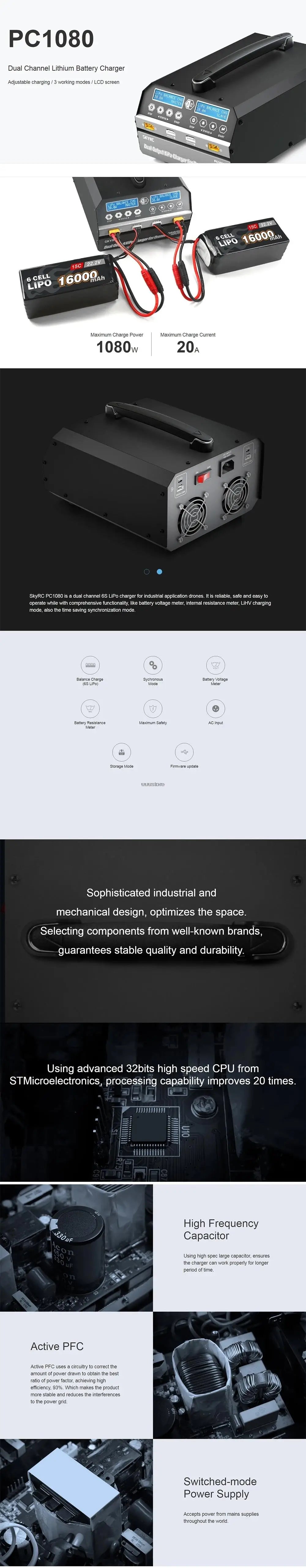 SKYRC PC1080 Lipo battery charger - 1080W 20A 540W*2 Dual Channel Lithium Battery Charger for agricultural spraying drone UAV 4 SKYRC PC1080 Lipo battery charger, SkyRC PC1O8O is dua channel 16S LiPo charger for industria