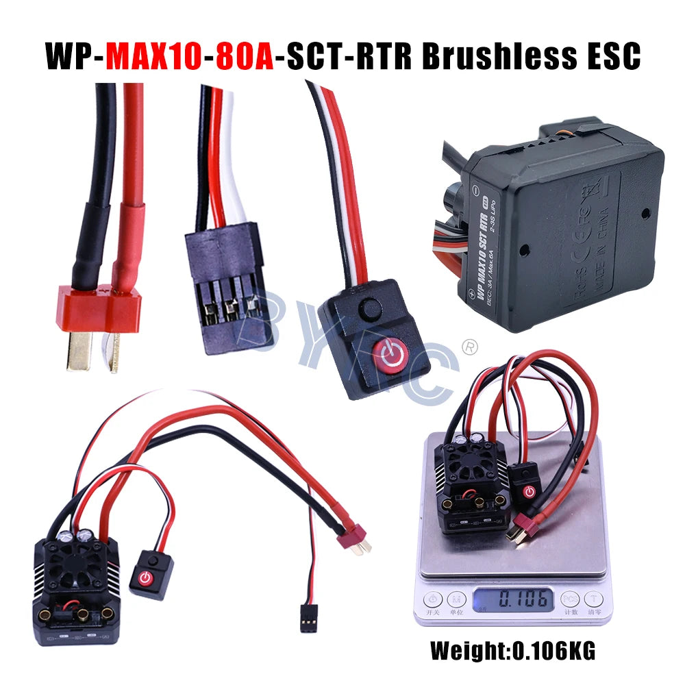Waterproof speed controller for 1/10 to 1/6 RC cars with brushless ESC and reverse function.