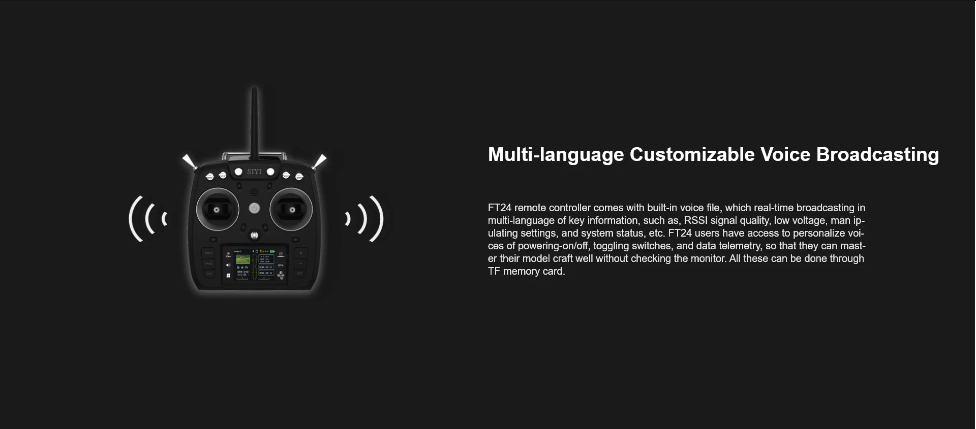 SIYI FT24 Transmitter, STTT FT24 remote controller comes with built-in voice file . users can personal