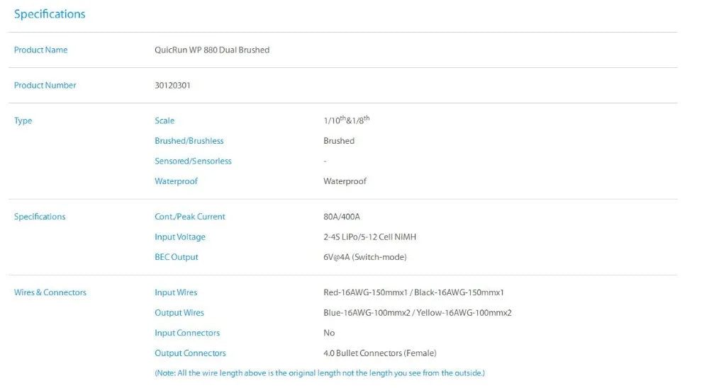 Hobbywing QuicRun 80A ESC, Specifications QuicRun WP 880 Dual Brushed Product Nuumber 30120