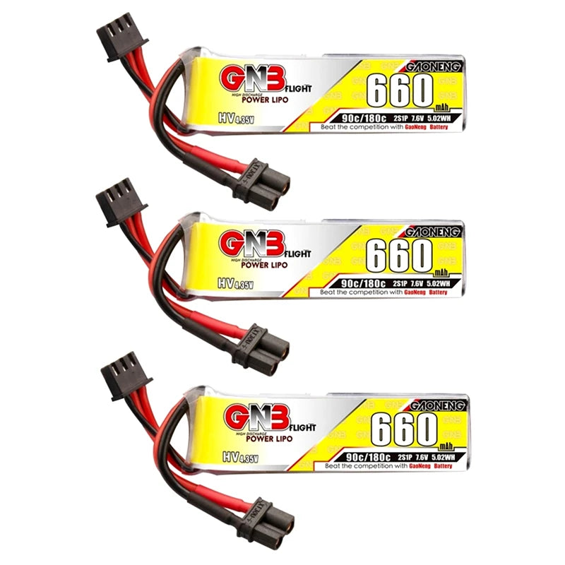 3Pcs Gaoneng GNB 1S/2S/3S/4S/6S HV Lipo Battery, Gaoneng 3Pcs high-voltage LiPo drone battery with 660mAh capacity and 90C/180C discharge rates.