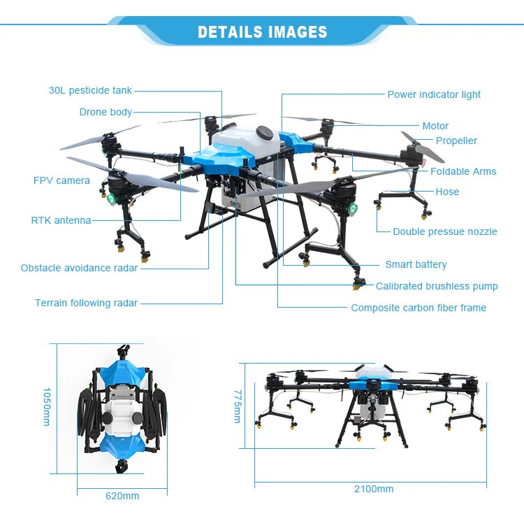Yuanmu GF-30 30L Agriculture Drone - With Smart Battery Rtk Antenna Centimeter Positioning System 10 Yuanmu GF-30 30L Agriculture Drone, DETAILS IMAGES 30L pesticide tank - Power indicator light Drone