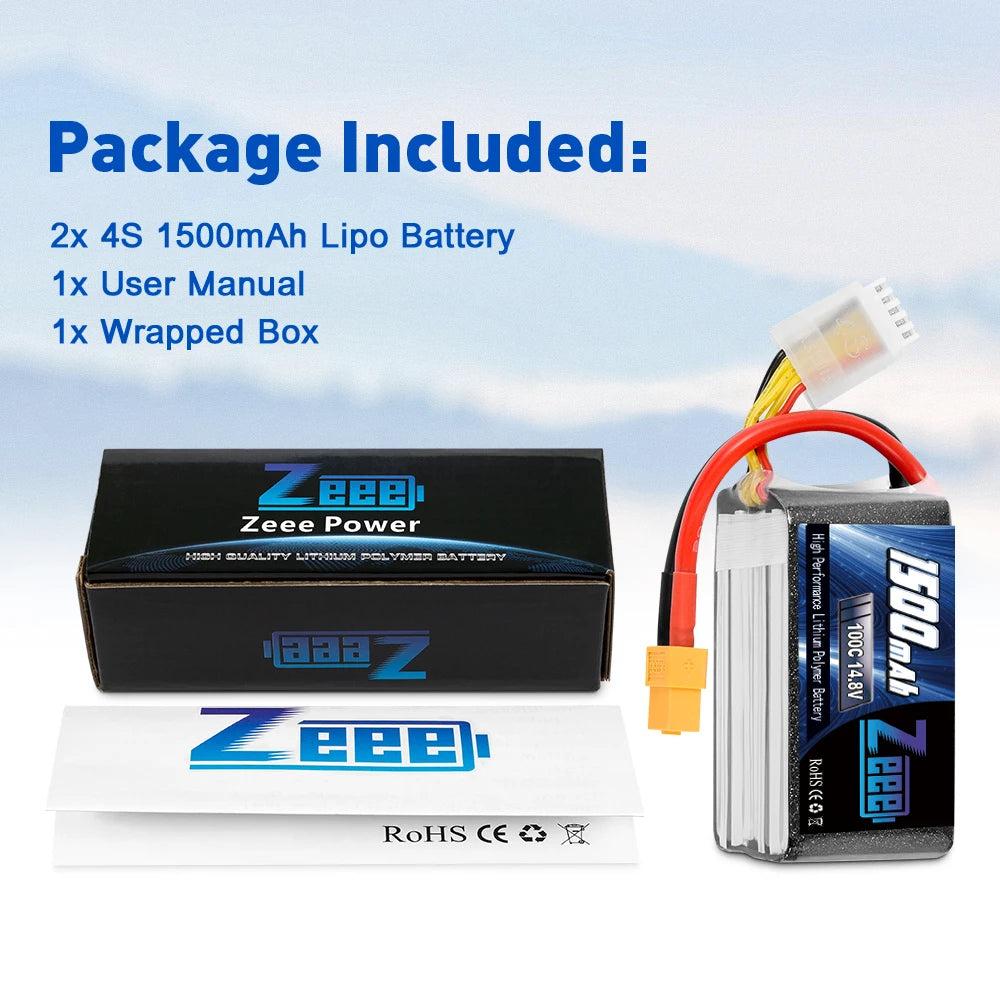 2units Zeee 4S 14.8V 1500mAh Battery, Package included: 2PCS of Zeee 14.8V 4S 100C 1500mAh