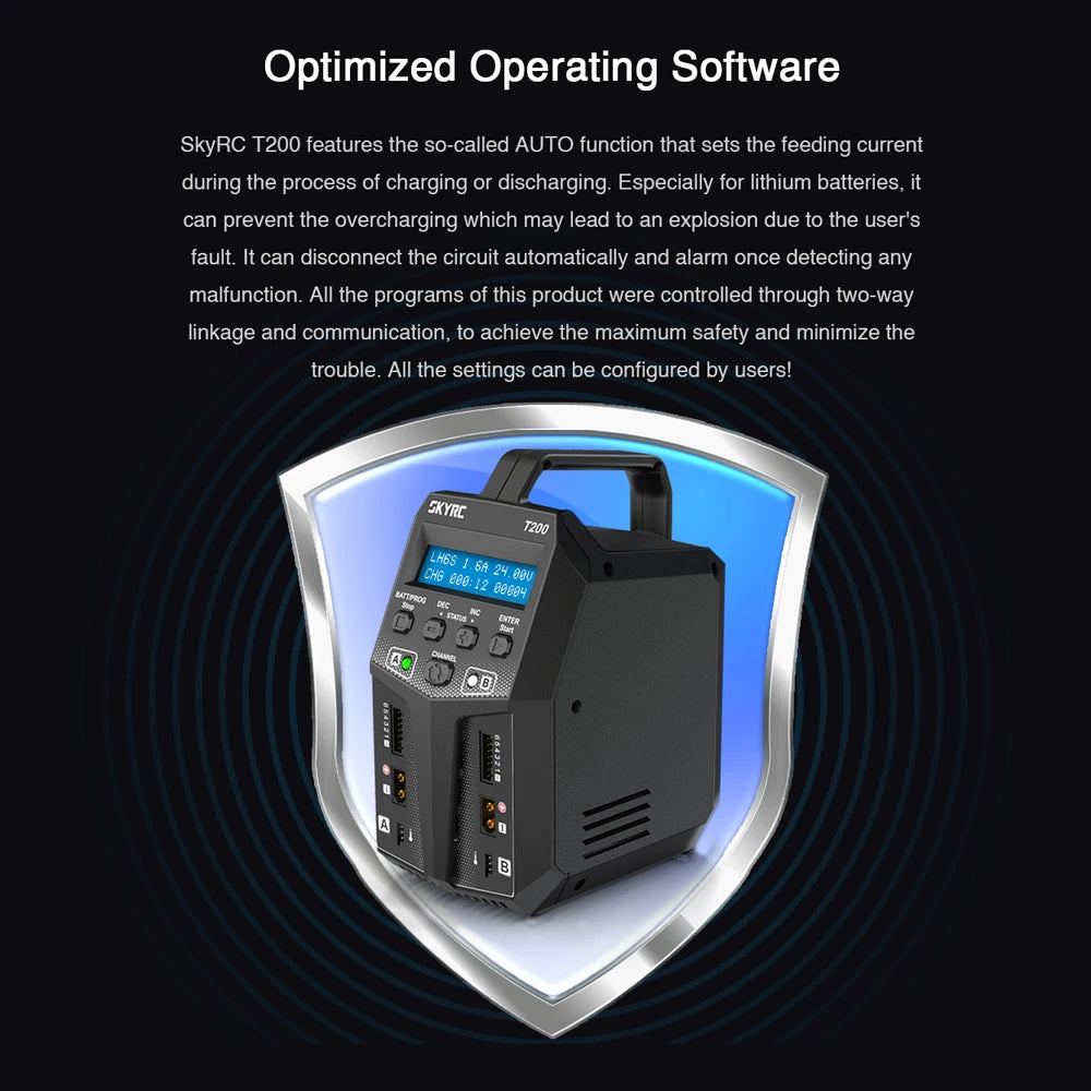 SKYRC T200 Dual AC/DC Balance Charger, SkyRC T200 features the so-called AUTO function that sets the feeding current during the process