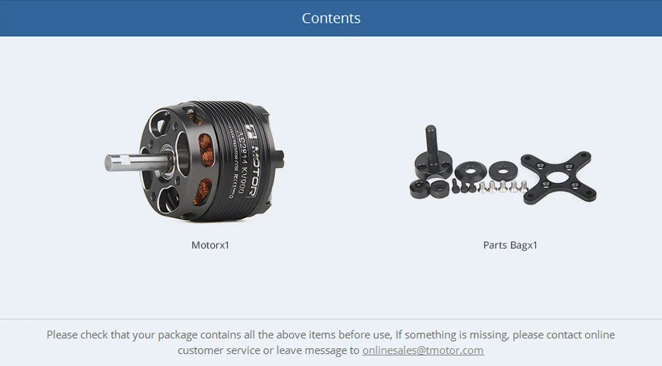 T-motor AS2814 Long Shaft Brushless Motor - KV900 KV1050 KV1200 KV2000 3-4S For 20-30E 3D and F3A 19 T-motor, Please check that your package contains all the above items before use . if something is missing