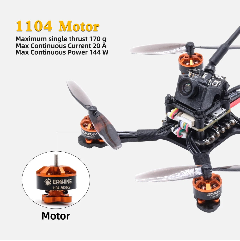 TCMMRC Racing Bee - 1104 8600kv Brushless motor Carbon fiber high-thrust racing drone 720TVL Camera fpv drone 2.5 Inch Fpv Racing Drone 25 TCMMRC Racing Bee, 1104 Motor Maximum single thrust 170 g Max Continuous Current 20 A Max Continuous Power