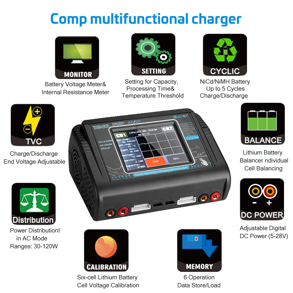 HTRC T240 Duo Lipo Charger, chtr TVC BALANCE Tno_ ChargelDischarge Lith