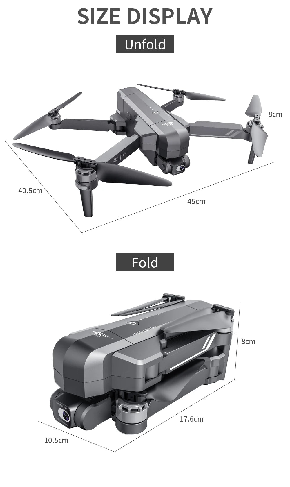 SJRC F11 / F11S  Pro Drone, SIZE DISPLAY Unfold 8cm 40.Scm 45cm