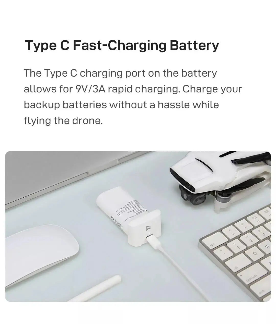Fimi X8 Mini Drone, Type C Fast-Charging Battery The Type € charging port on the battery allows for 9V