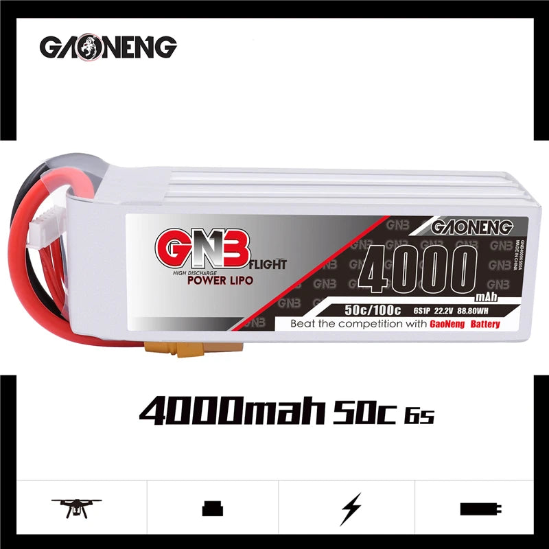 Gaoneng GNB 6S 22.2V 4000mAh 100C HV Lipo Battery, High-performance Lipo battery with 22.2V and 4000mAh capacity, ideal for demanding applications like FPV drones.