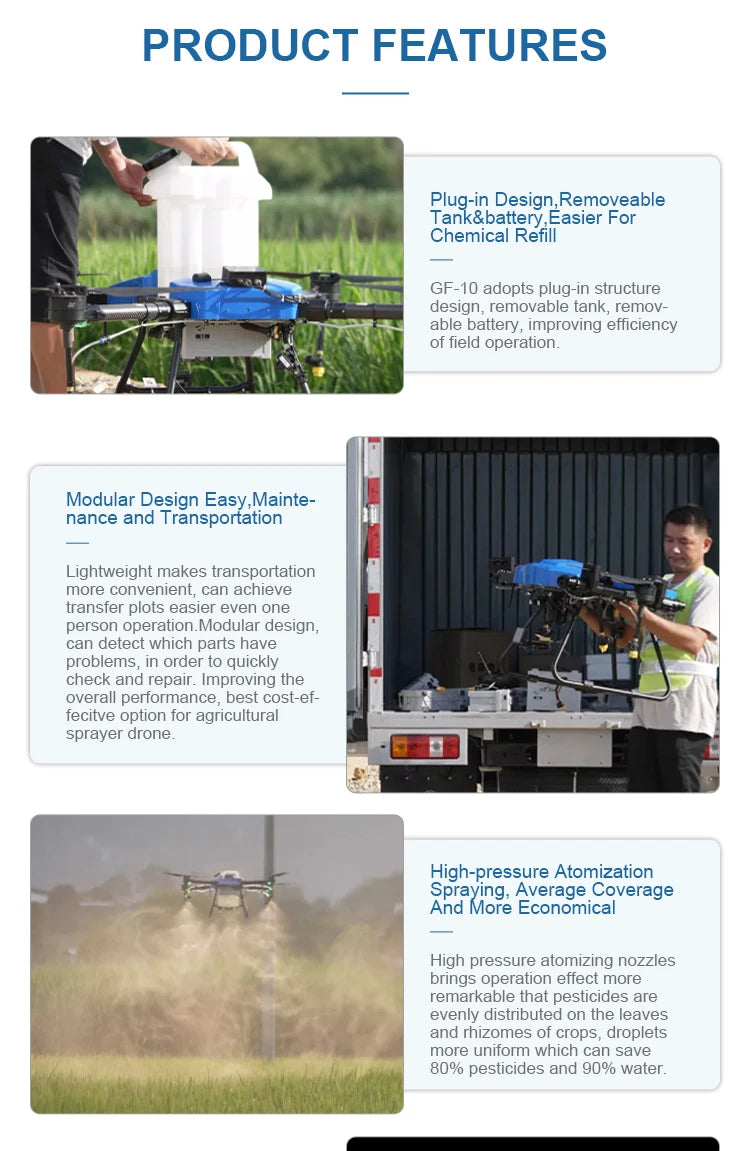 Yuanmu GF-10 10L Agriculture Drone, GF-10 adopts plug-in structure design, removable tank; remov-