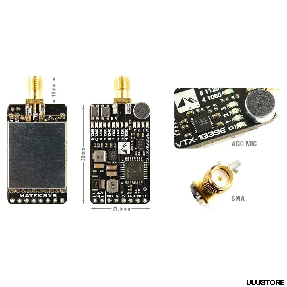 Matek System VTX-1G3SE-9 Transmitter - 1.2G/1.3GHz 9CH INTL 0.1mW/25mW/200mW/800mW FPV Transmitter For racing drone Goggles instead VTX-1G3-9 13 Matek System VTX, press button-A to select RF output levels, 0 (blue LED)=