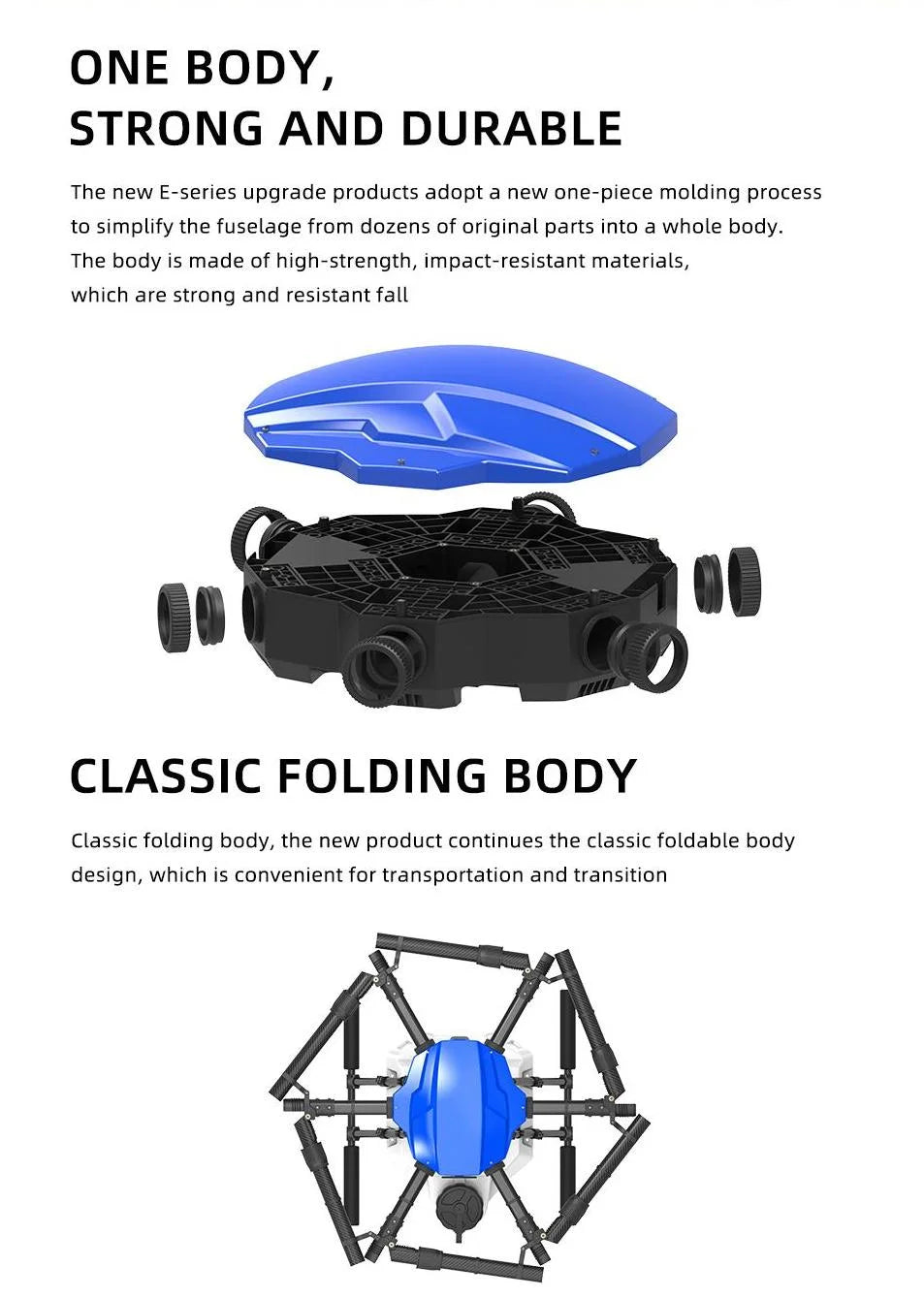 EFT E616P 16L Agriculture Drone, the new E-series upgrade products adopt a new one-piece molding process to simplify