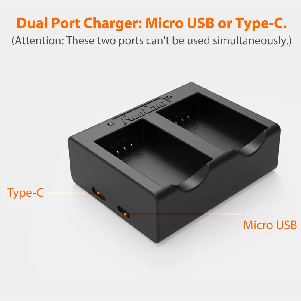 RUNCAM DUAL Battery CHARGER, Dual Port Charger: Micro USB or Type-C: (Attention: These two