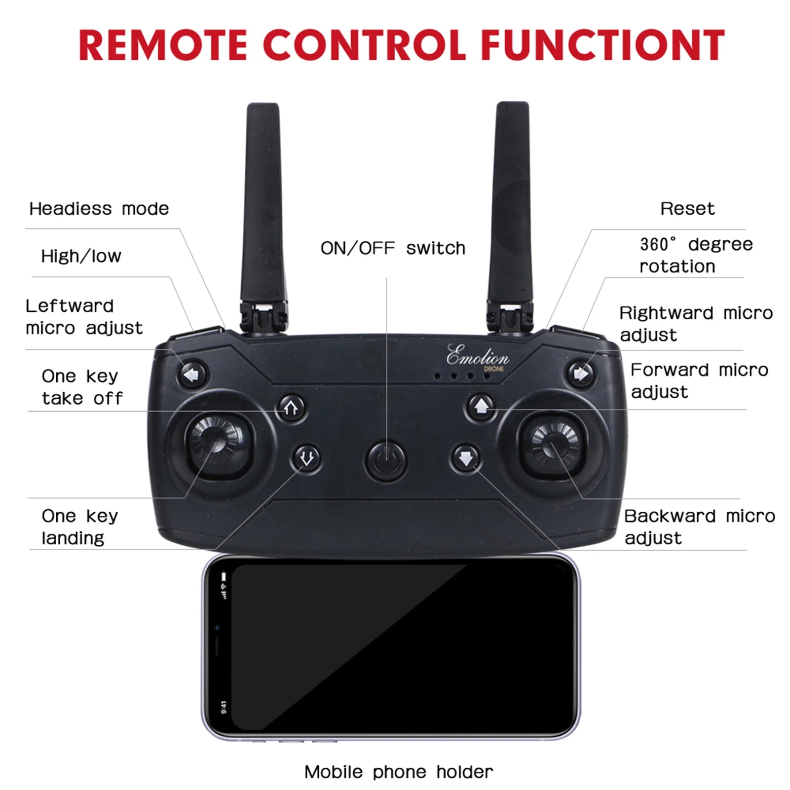 HJ95 Drone, remote control functiont headiess mode reset on/off switch 360