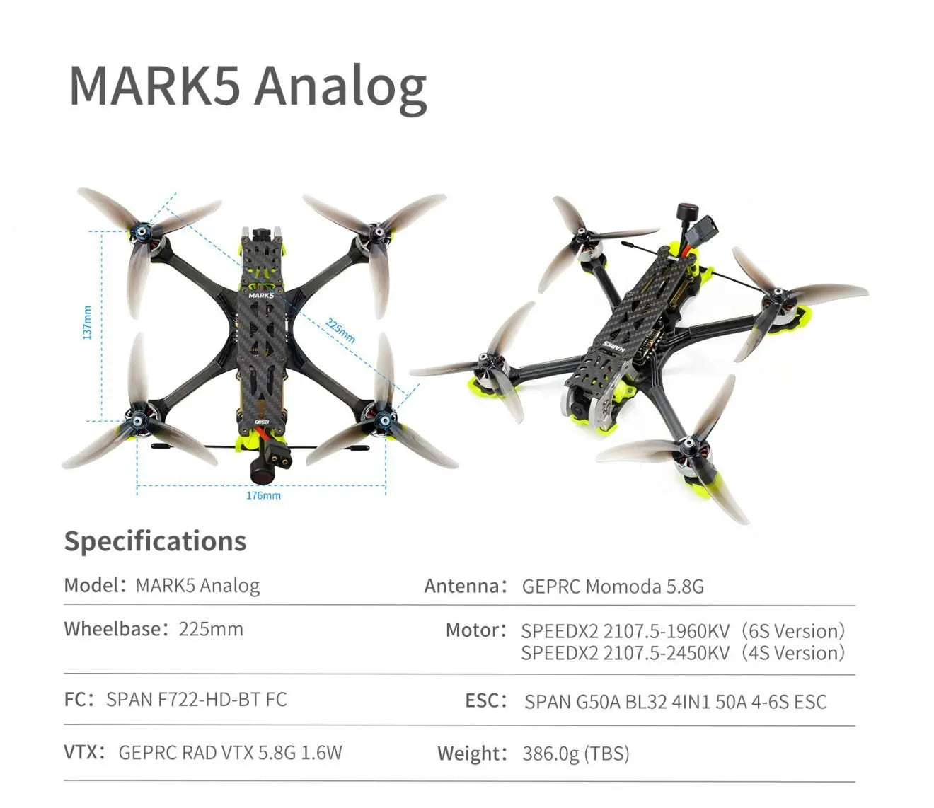 GEPRC MARK5 HD Vista Freestyle FPV, MARKS Analog 0in7 Maae 1 176mm Specifications Model