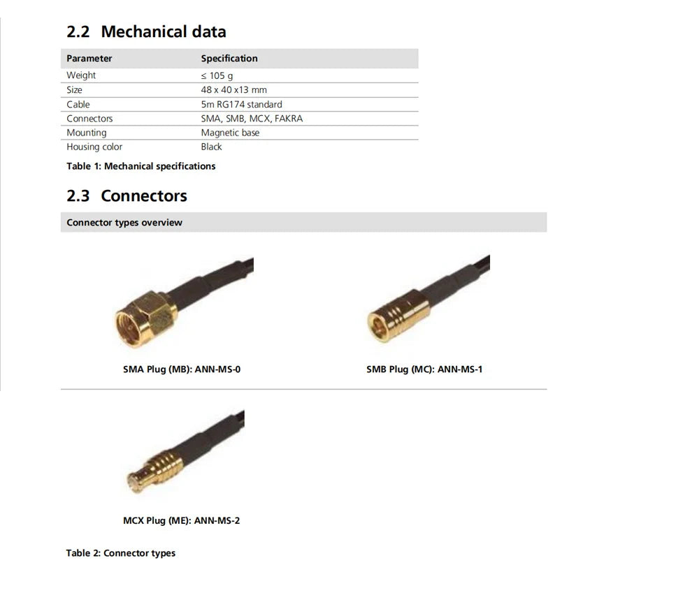 CUAV U-blox ANN-MS Single Frequency C-RTK Lengthened Extension Antenna RC Multi-axis Drone Flight Control Combo 10 2.2 Mechanical data Parameter Specification Weight 105 Size 48 x 40x13