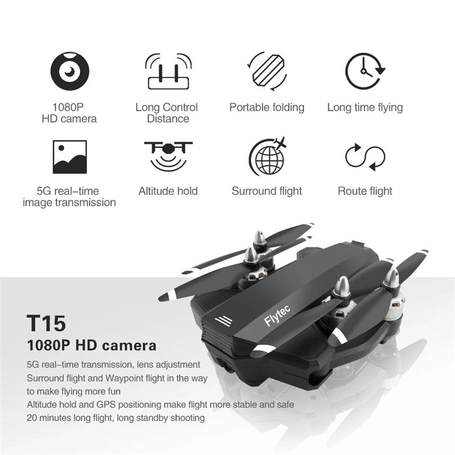 Flytec T15 Drone, 108OP Long Control Portable folding Long time flying HD camera Distance 5G real-time Al