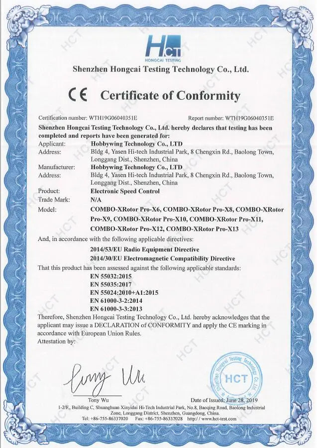 Hobbywing XRotor X11 Motor, shenzhen Hongcai Testing Technology Co, Ltd. certifies that hn