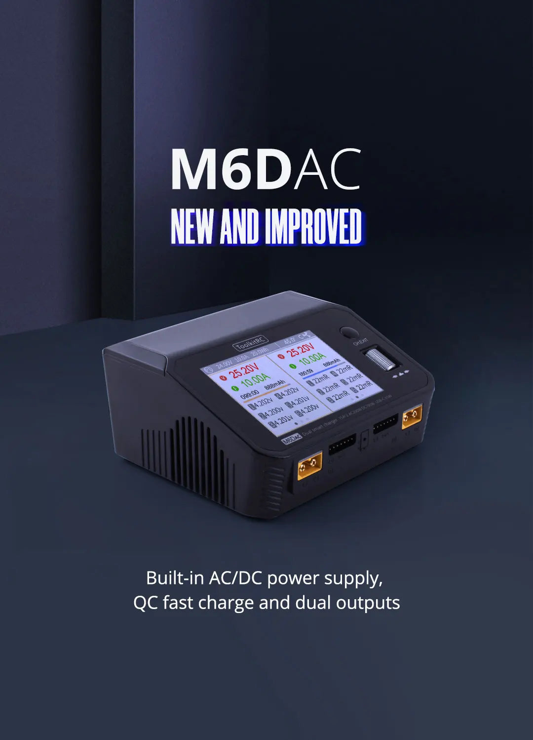 ToolkitRC M6DAC Charger - 350W x 2 USB-C 65W AC DC Dual Smart Charger Discharger Battery Balance for 1-6S Lipo LiHV Lion NiMh Pb Cell 9 ToolkitRC M6DAC Charger, MGDAC NEL AND IHPROVEL Built-in ACIDC power supply;