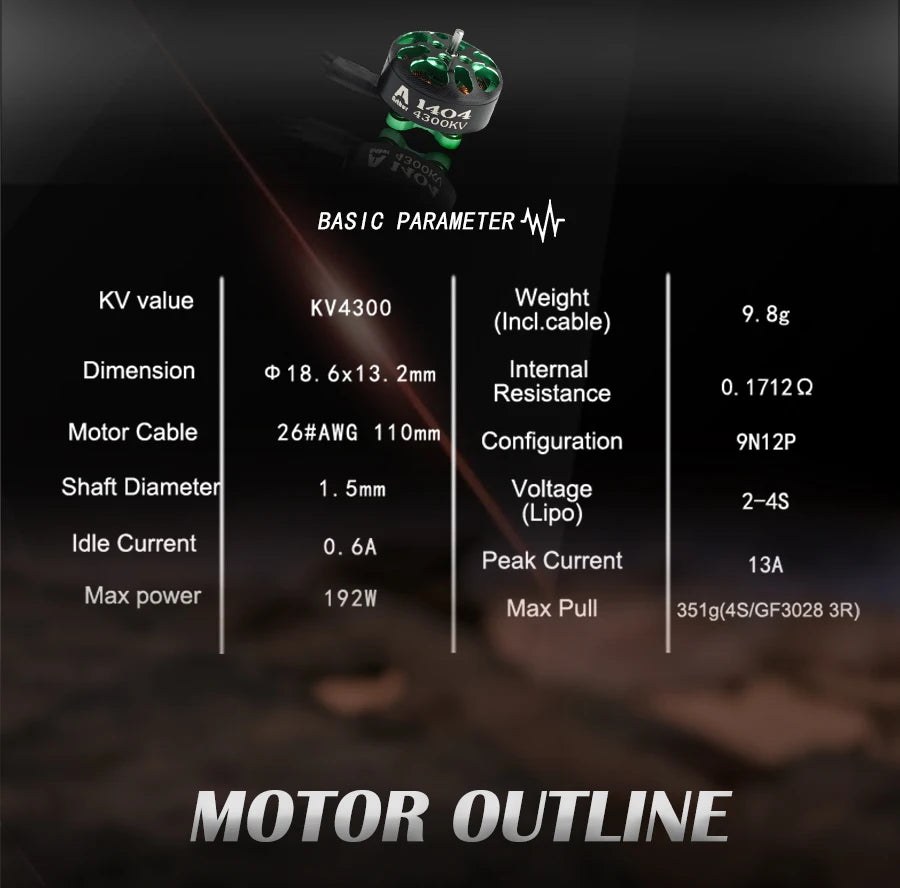 Flashhobby Arthur A1404 4300KV 6000KV 2-4S Cinematic Brushless Motor for RC FPV Racing Freestyle 3inch Cinewhoop Duct Drones 11 BASIC PARAMETER KV value KV4300 Weight (Incl cable)