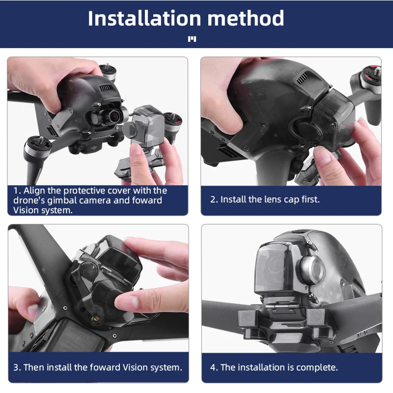 Lens Cap for DJI FPV Combo, installation method Align protective cover with the drone's gimbal camera and foward