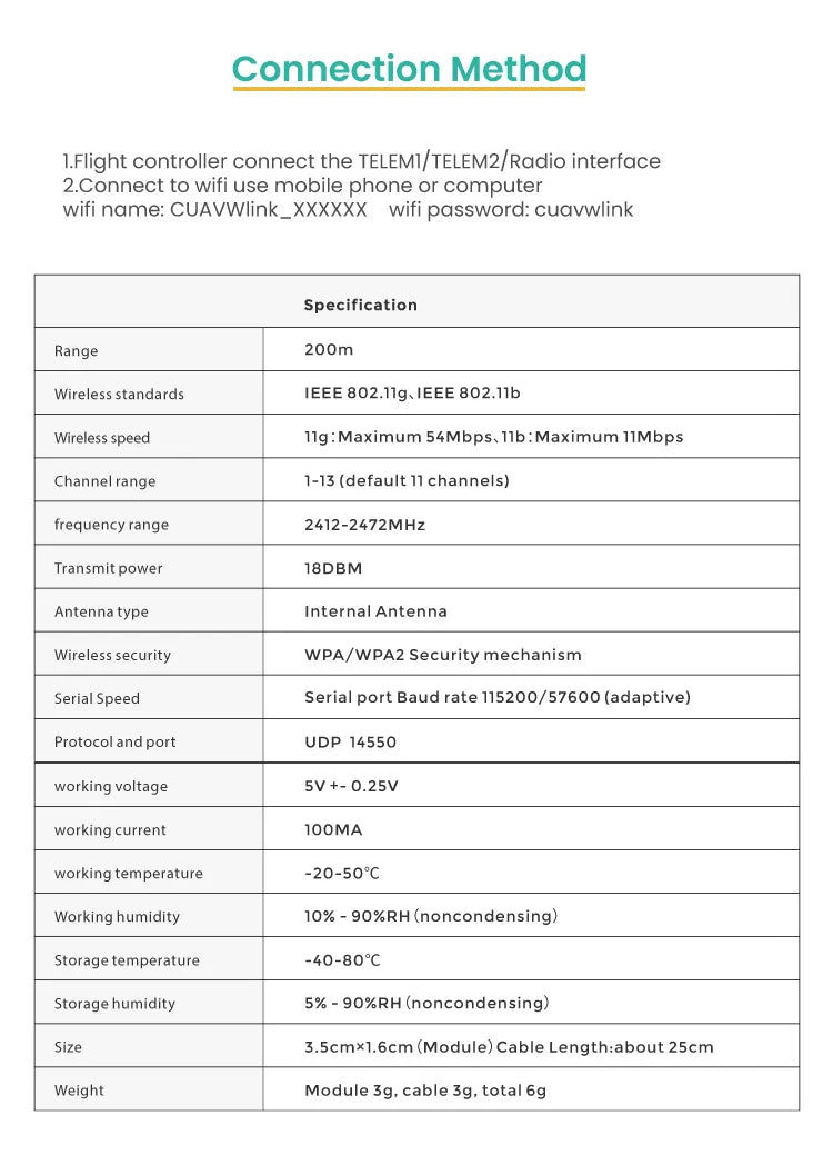 CUAV PW-LINK Wifi Telemetry Module, wifi password: cuavwlink Specification Range 200m Wireless standards IEEE I1g