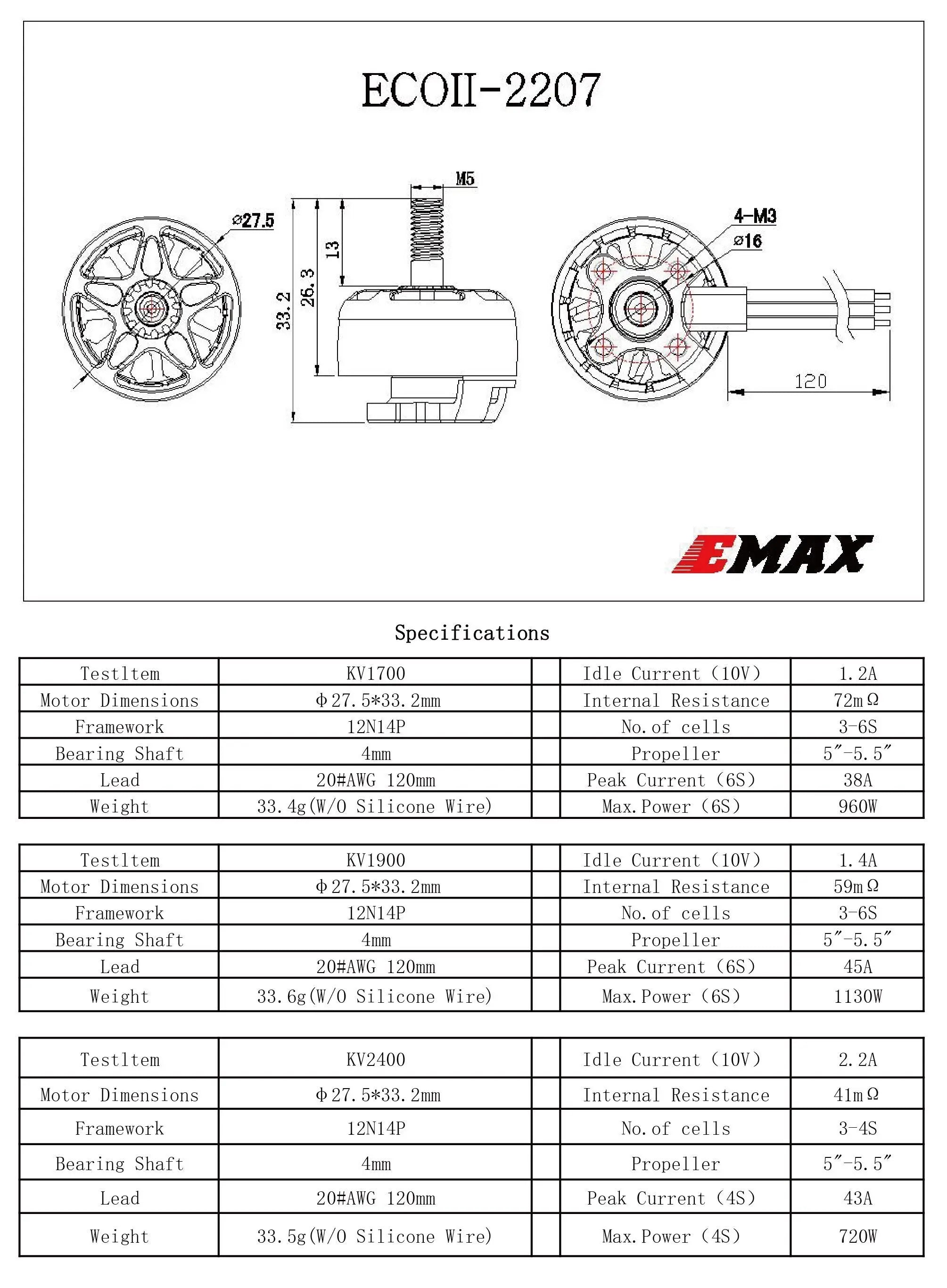 Emax Official ECO II 2207 Motor, 2mm Internal Resistance 72m Q Framework 12N14P No. of cells 3-6S