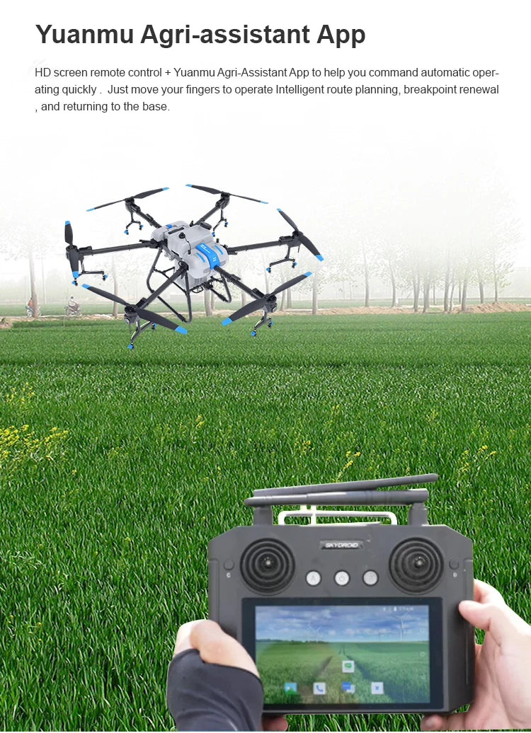 Yuanmu GM-40 40L Agriculture Drone, The Yuanmu GM-40 Agriculture Drone features an intelligent spraying system with a large payload capacity and remote control through an app.