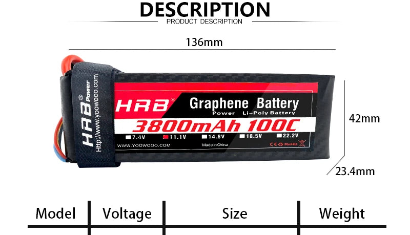 HRB 3800mah Graphene 7.4V 11.1V Lipo Battery, 136mm HrB Graphene Battery 1 BmA Tnene