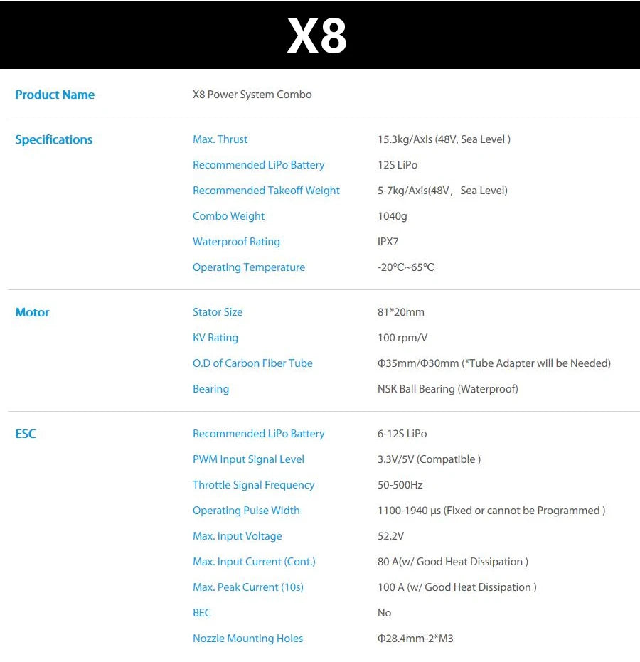 Hobbywing X8 Integrated Style Power System, X8 Power System Combo Specifications Max Thrust 15.3kg/Axis