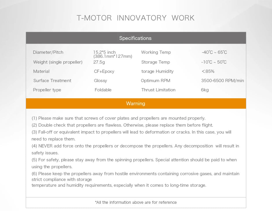 T-motor FA15.2x5 Propeller, T-MOTOR INNOVATORY WORK Specifications Diameter/Pitch 15.2