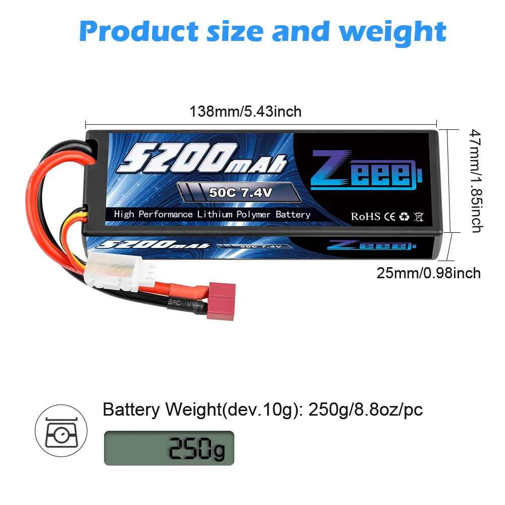 1/2units Zeee 5200mAh 7.4V 50C Lipo Batteries, 138mm/5.43inch EzObmab 73eeg