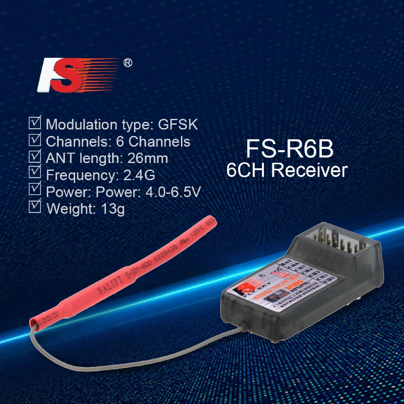FlySky FS-R6B 2.4Ghz 6CH Receiver - Compatible Most FlySky Such as TH9X FS-CT6B FS-T6 Transmitter 14 FlySky FS-R6B 2.4Ghz 6CH Receiver, GFSK Channels: 6 Channels ANT length: 26mm FS-R