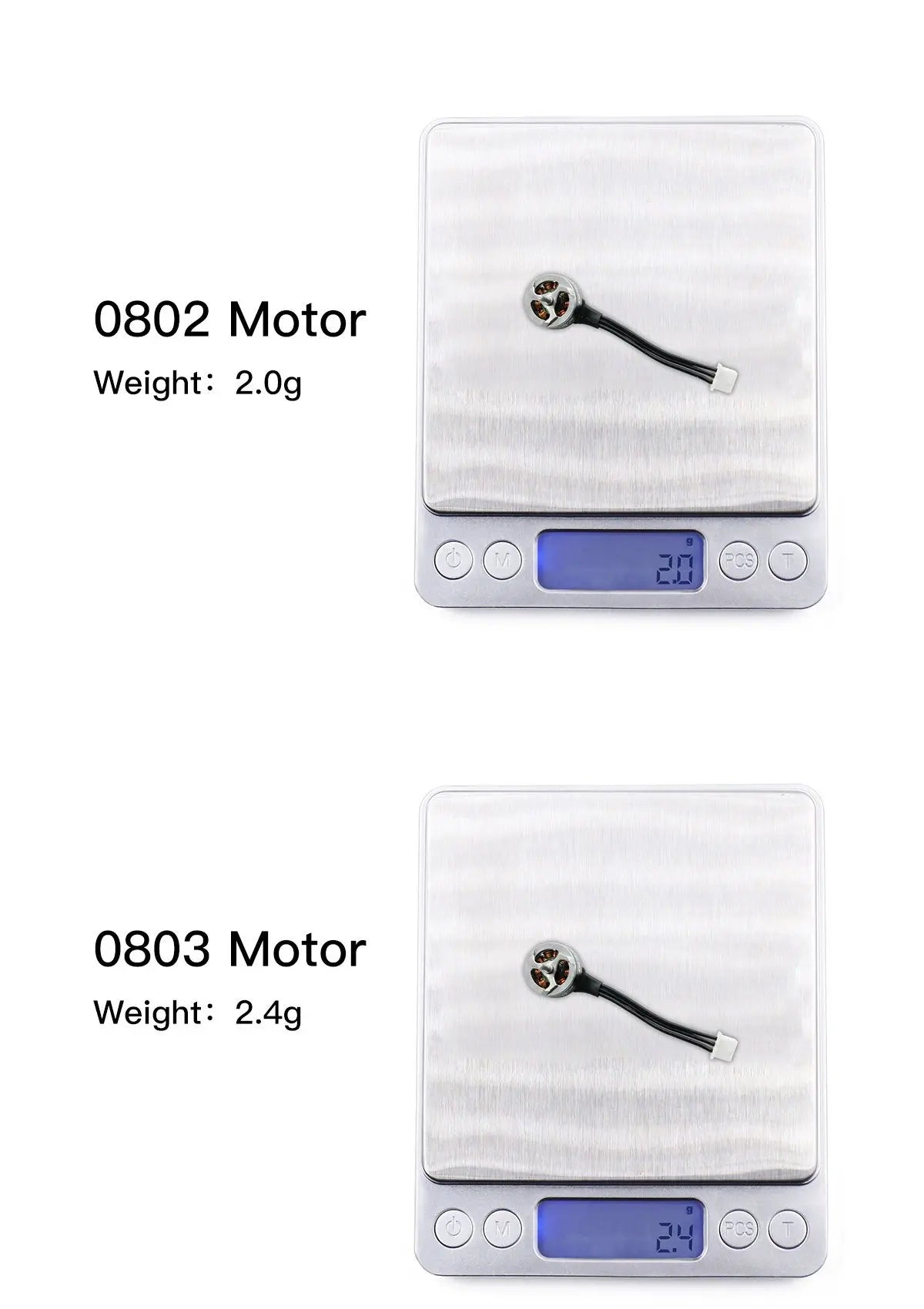 0802 Motor Weight: 2.0g 0803 Motor weight: 2.4