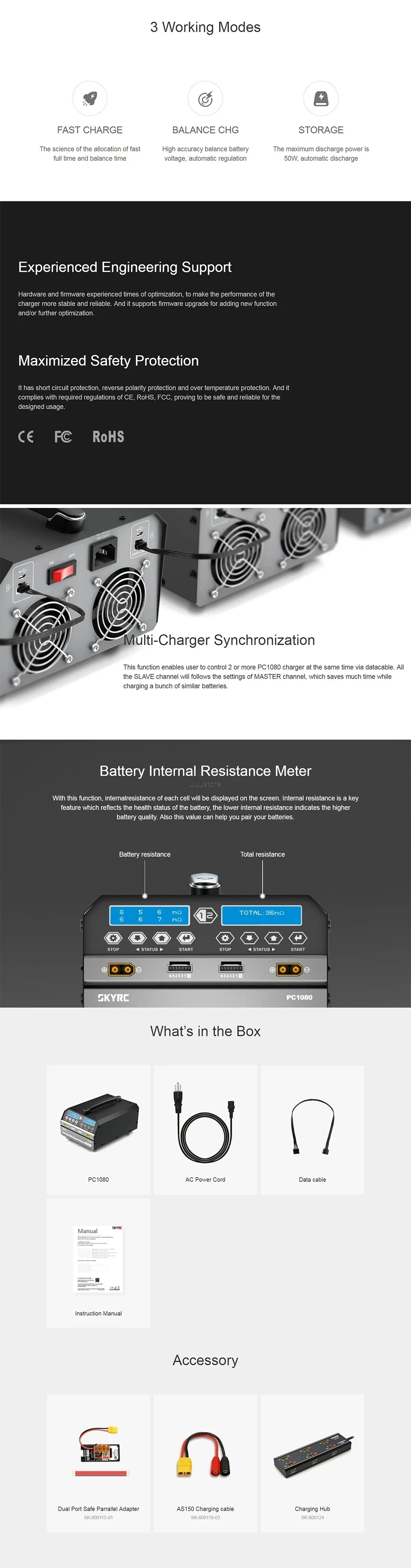 SKYRC PC1080 Lipo battery charger - 1080W 20A 540W*2 Dual Channel Lithium Battery Charger for agricultural spraying drone UAV 6 SKYRC PC1080 Lipo battery charger, 3 Working Modes FAST CHARGE BALANCE CHG STORAGE The science
