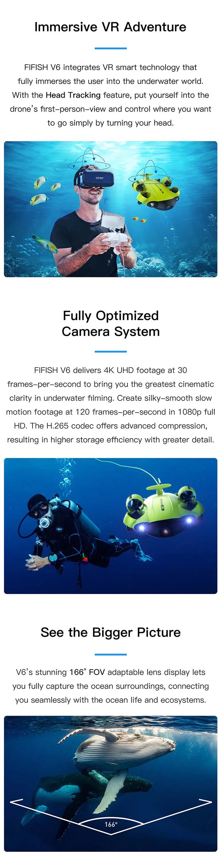 Fifish V6 - professional Underwater Drone, Fifish V6 delivers 4K UHD footage at 30 frames-per-second 