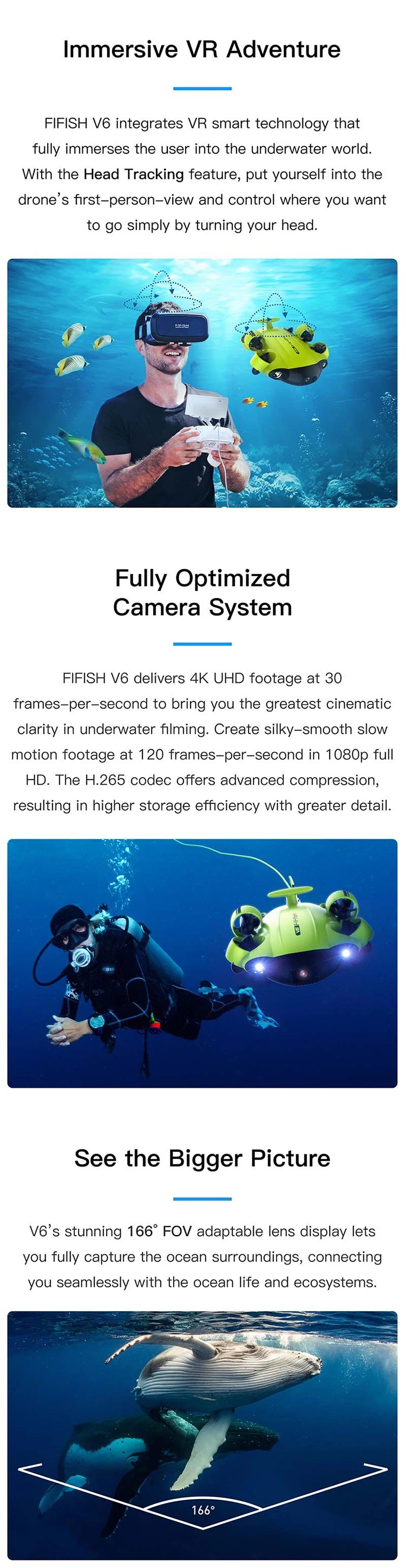 Fifish V6 - professional Underwater Drone, Fifish V6 delivers 4K UHD footage at 30 frames-per-second