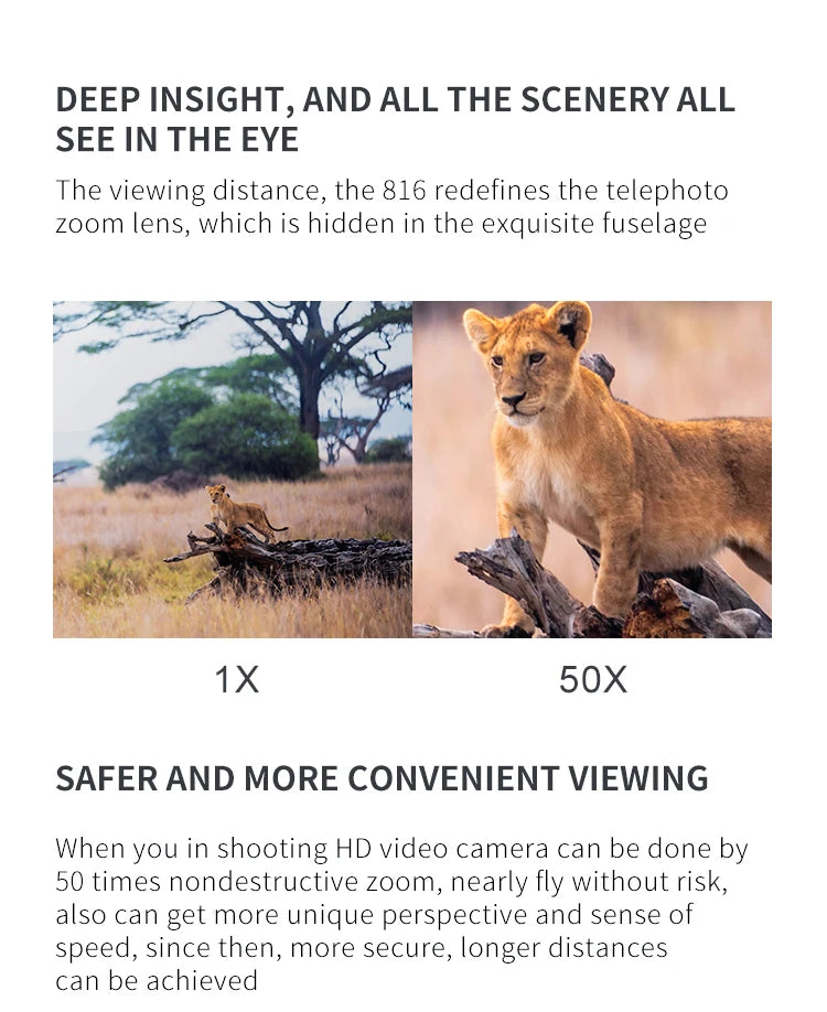 Visuo XS816 Drone - with 50 Times Zoom WiFi FPV 4K Dual Camera Optical Flow Quadcopter Foldable Selfie Drone 14 Visuo XS816 Drone, the 816 redefines the telephoto zoom lens, which is