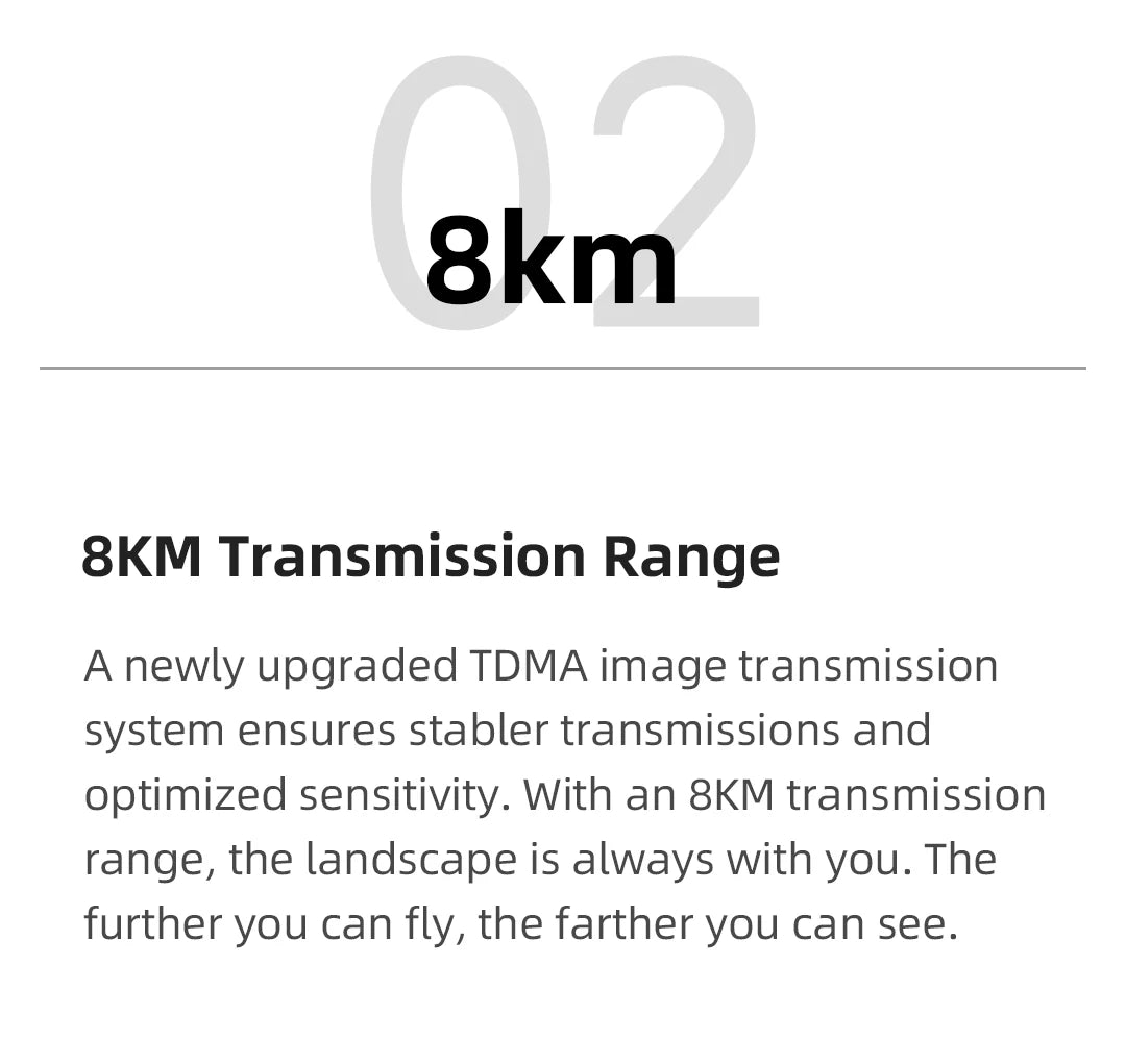 FIMI X8 Mini Drone, 8km 8KM Transmission Range A newly upgraded TDMA image transmission system ensures stabler