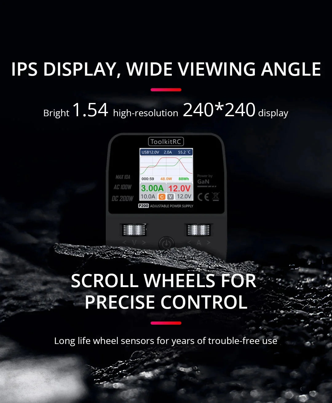 ToolkitRC P200 Mini 30V AC100W DC200W 10A GaN Adjustable Mini Desktop Power Supply USB Output ToolkitRC P200 Power Supply, IPS DISPLAY, WIDE VIEWING ANGLE Bright 1.54 high