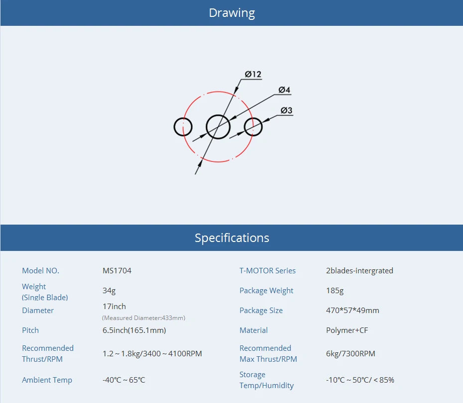 MS1704 T-MOTOR Series 2blades grated Weight 34g Package Weight