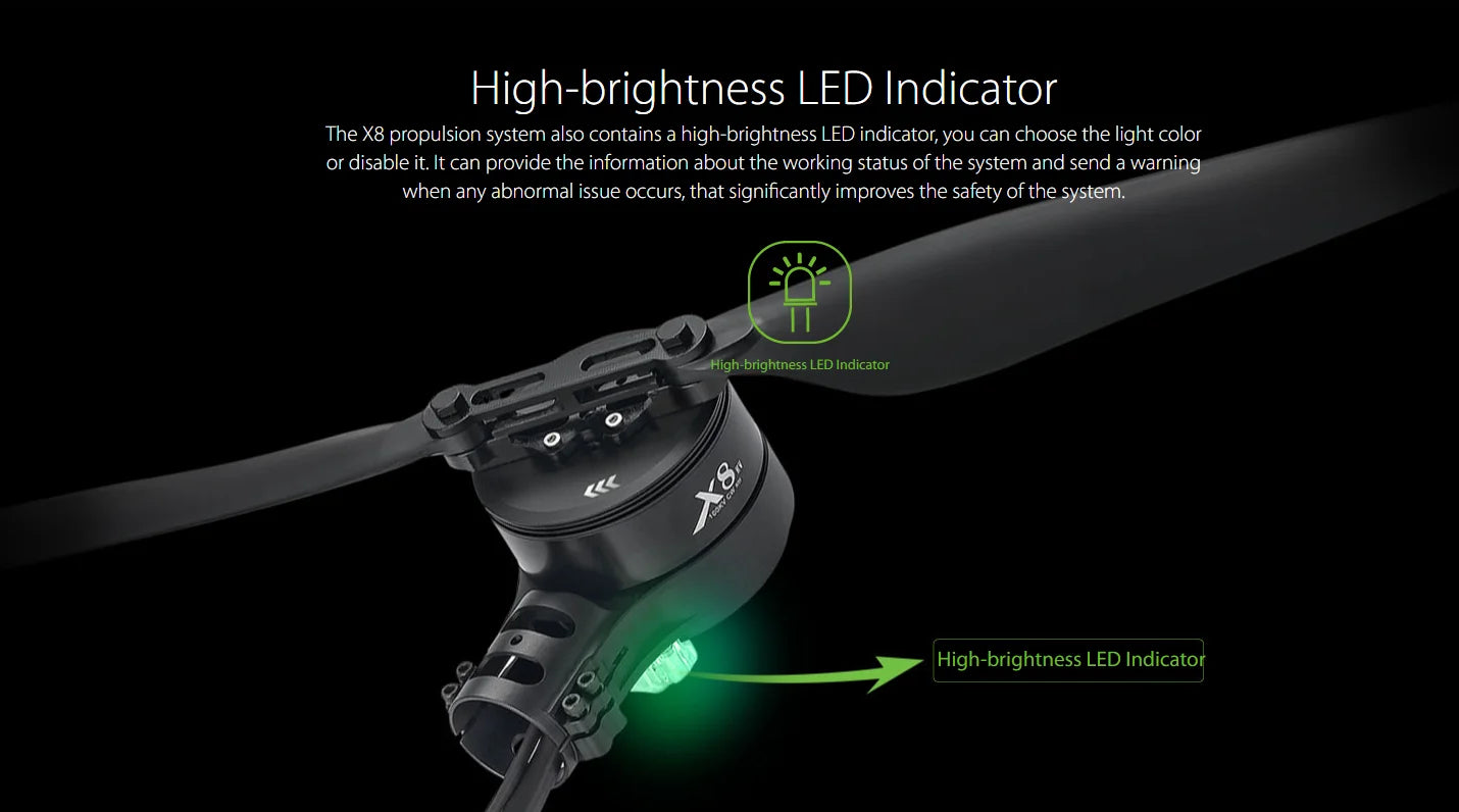 Hobbywing X8 Integrated Style Power System. X8 propulsion system also contains a high-brightness LED indicator .