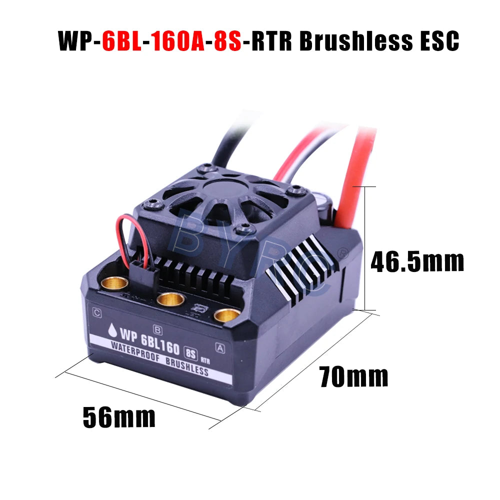 Waterproof brushless ESC for 1/10 to 1/6 scale RC cars, ideal for off-road use.