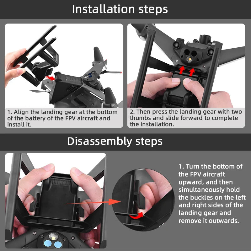 Quick Release Landing Gear, installation steps 1 and 2: Align the landing gear at the bottom 2. Then press the